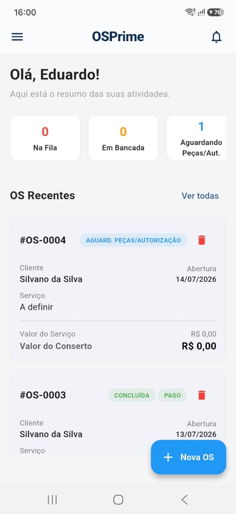 Tela do app OSPrime mostrando o dashboard com estatísticas e ordens de serviço